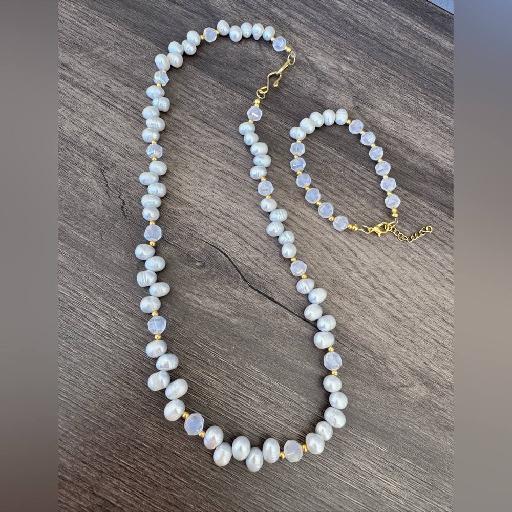 Handmade Freshwater Pearl and AB Glass Necklace and Bracelet Set - Picture 3 of 11